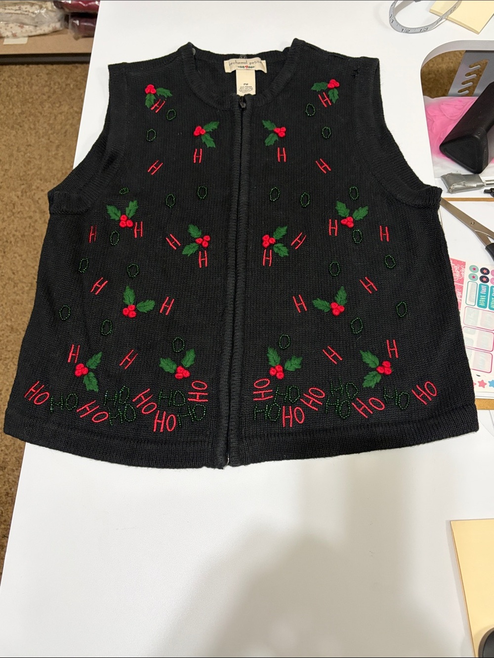 Bechamel Black Embroidered Holiday Vest with Red & Green Accents